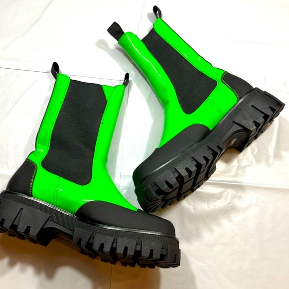 Azalea Wang NEON GREEN BOOTS CHUNKY Black HEELS NEW punk GENEVIEVE CHELSEA sz 11 - Picture 1 of 12